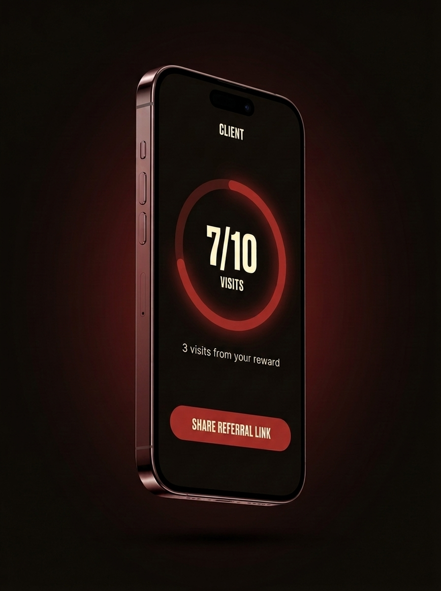 A phone showing a customer's branded loyalty progress screen with 7 of 10 visits toward a reward